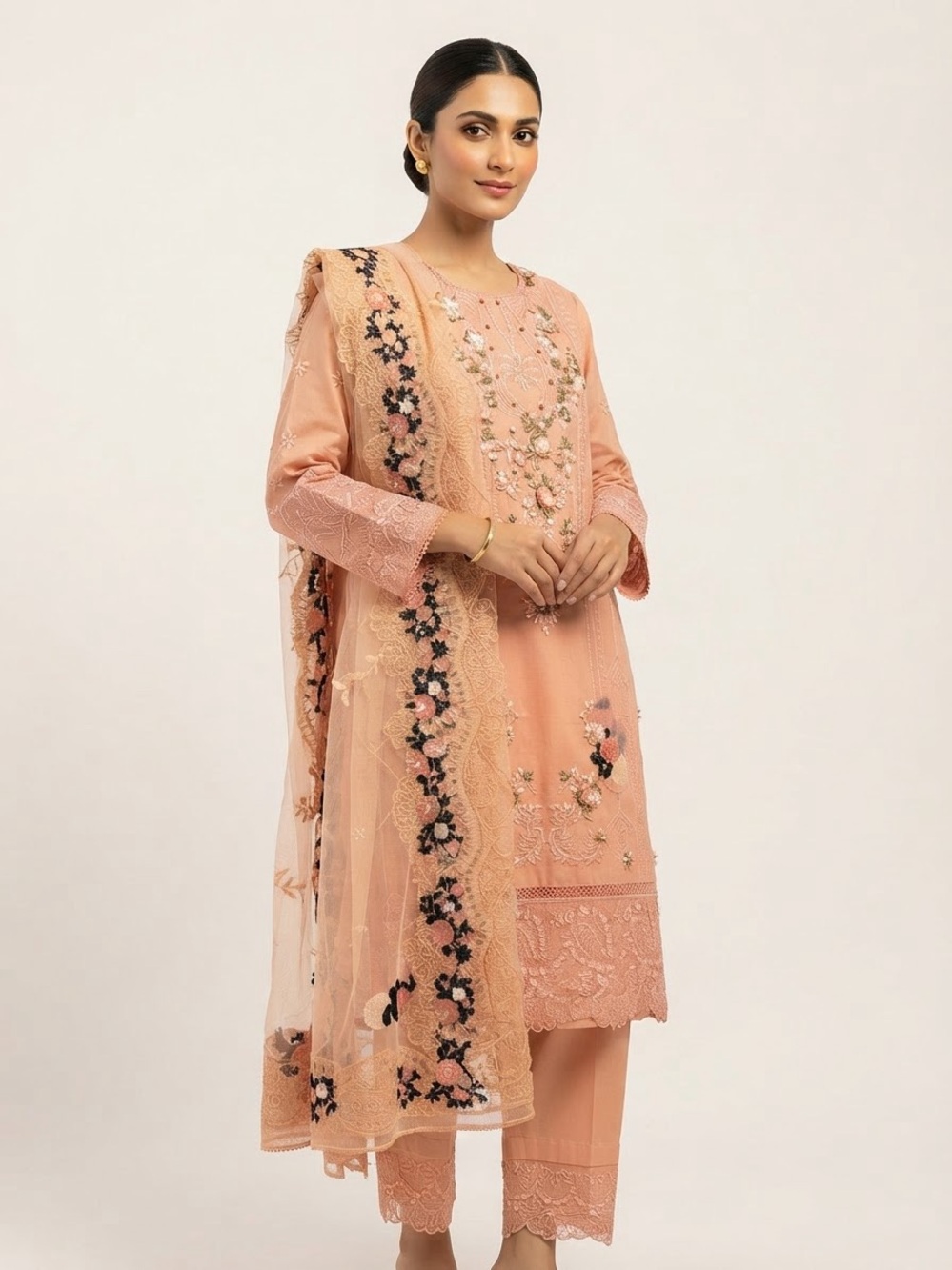 Peach Embroidered Lawn Kurta shalwar Duptta Set with Floral Border